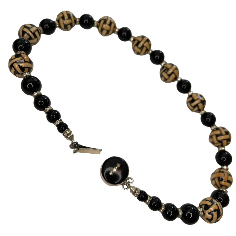 Basket Weave Beads, Black Onxy, Sterling Silver & Swarovski Crystal Necklace - Picture 4 of 6